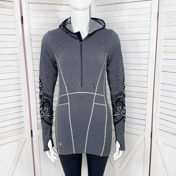Athleta Twist Printed Seamless Compression Half Zip Hooded Top Grey Black Medium - Picture 1 of 12